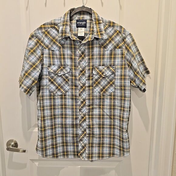 Wrangler Pearl Snap Western Shirt Mens L Blue White Yellow Plaid Short Sleeve - Picture 1 of 7